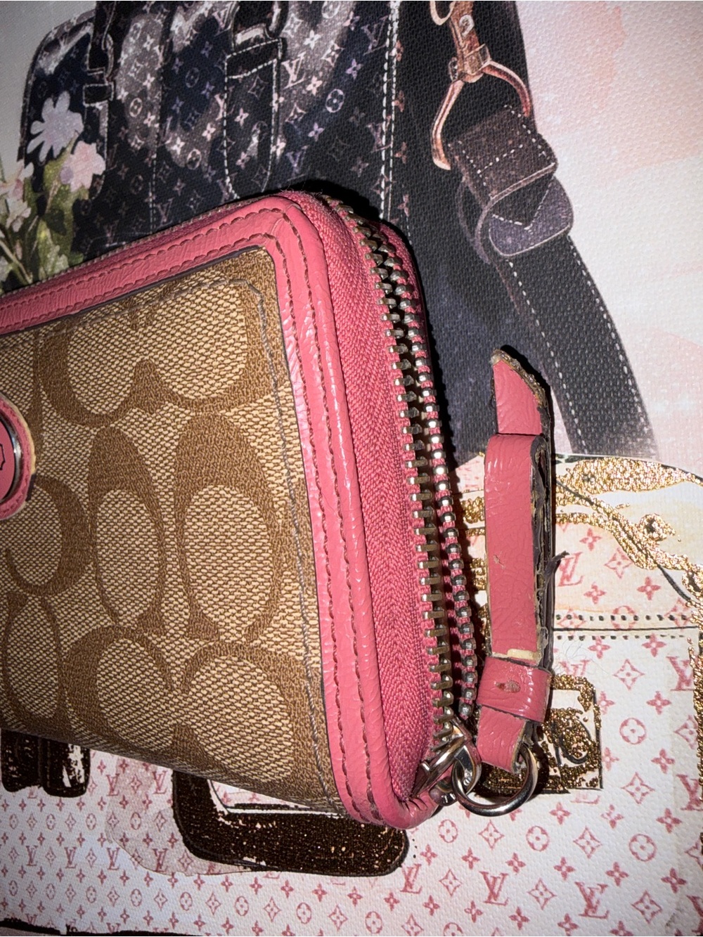 Coach Coated Canvas Tan Monogram Zip Closure Wallet with Pink Trim - Picture 3 of 12